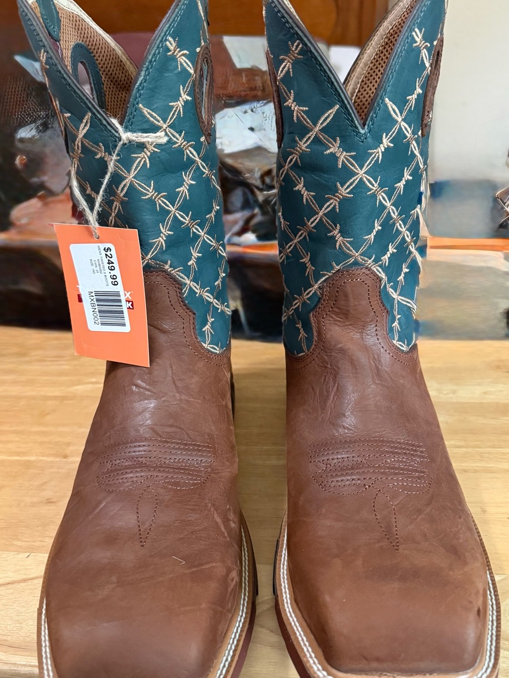 Twisted X Brown Leather Cowboy Boots with Teal Embroidered Shaft - Size 14 D